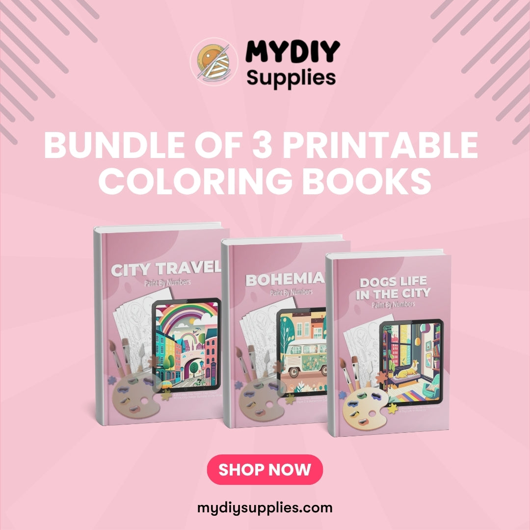 Promotional image of three printable coloring books with 'MYDIY Supplies' branding on a pink background.
