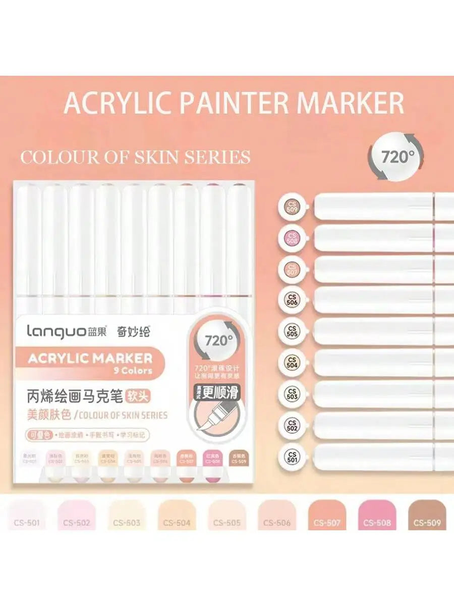 HueLinx – 9 Piece Soft Brush Acrylic Marker Set