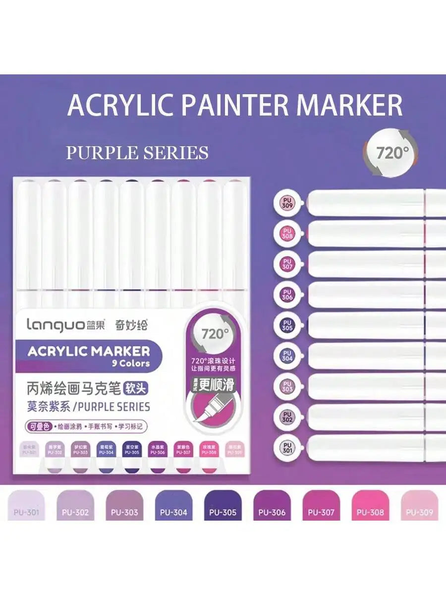 HueLinx – 9 Piece Soft Brush Acrylic Marker Set