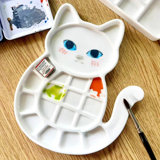 PurrPalette – Cat-Shaped Multi-Grid Ceramic Watercolor Tray